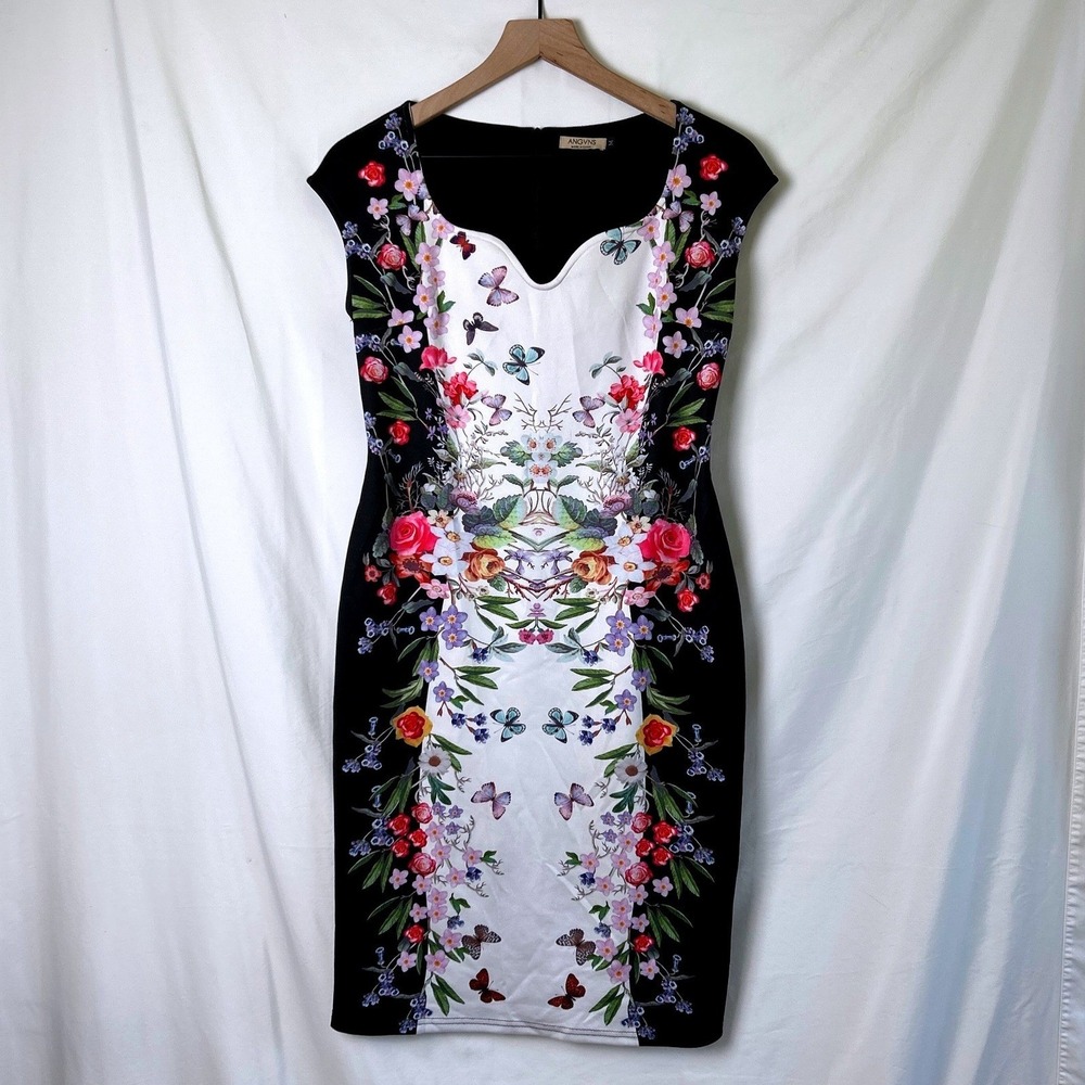 ANGVNS Women Floral Butterfly Midi Dress Black Size M Garden Party Botanical